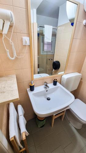 a bathroom with a sink and a toilet and a mirror at Ecorooms Ferrara in Ferrara