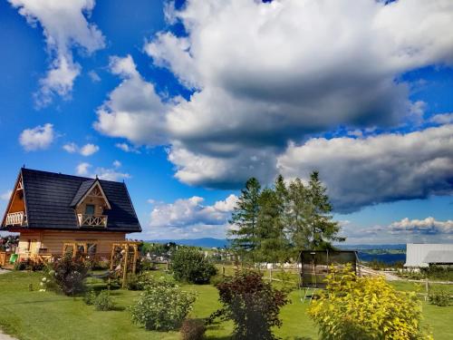 a house on a lawn with a cloudy sky at Zymbiańsko Chałupa 1 z balią na wyłączność in Ząb