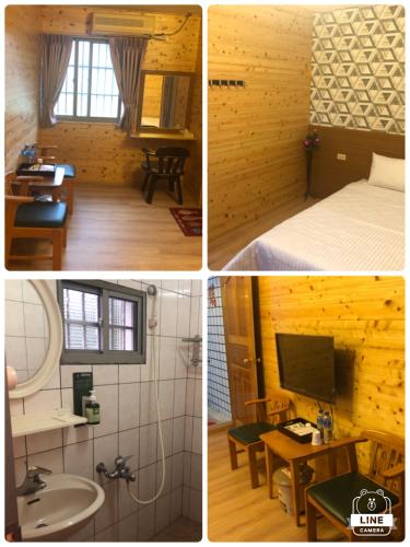 3 fotos de una habitación con cama y baño en Country Homestay, en Guoxing