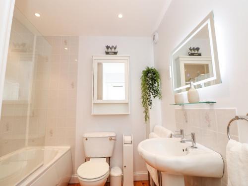 uma casa de banho branca com um WC e um lavatório em Little Honeynook em Kingsbridge