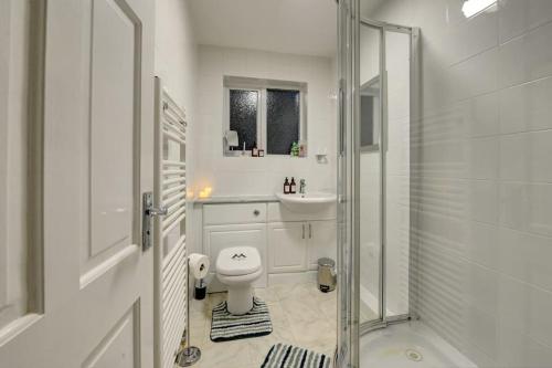 a bathroom with a toilet and a sink and a shower at Harry's House (Muggles welcome too!) in Watford