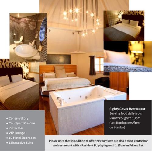 a collage of a bedroom with two beds and a tub at Cheshire Cat in Nantwich