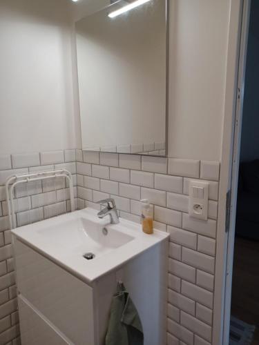a white bathroom with a sink and a mirror at Le Cocon d'Aguilera à 200m du stade et 2km de la plage in Anglet