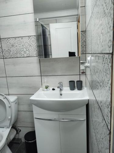 a white bathroom with a sink and a mirror at U Berňáků in Abertamy