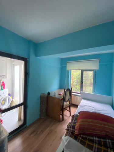 Schlafzimmer mit blauen Wänden, einem Bett und einem Schreibtisch in der Unterkunft Feel the nature near to Viaport marina in Tuzla