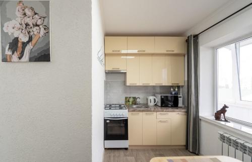 una piccola cucina con piano cottura e finestra di Світла, комфортна квартира біля метро Мінська a Kiev