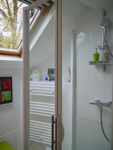 La salle de bains est pourvue d'une douche et d'une lucarne. dans l'établissement Chambre et salon sur la Loire à vélo, à Les Ponts-de-Cé