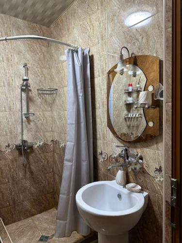 a bathroom with a sink and a mirror at Sun Apartment in Tbilisi City