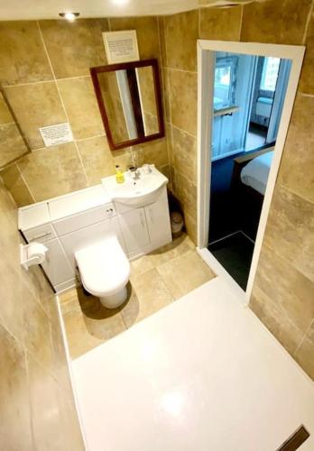 uma pequena casa de banho com WC e lavatório em The Birch Cabin with hot tub em Bristol