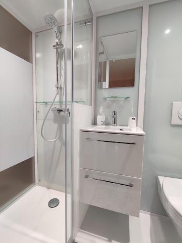 une salle de bain blanche avec une douche et un lavabo dans l'établissement LES 2 CHENES, à Les Riffes