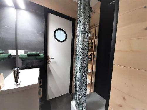 uma casa de banho com um lavatório e um espelho em Songe Tropical-InvIRI. Studio CHU. Parking Aisé. em Limoges