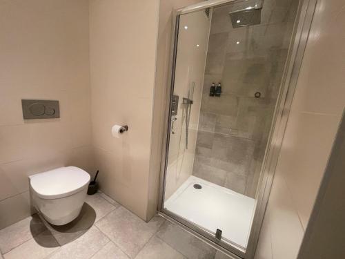a bathroom with a shower and a toilet at B&B Het KoeKoeKsnest Schelle in Schelle