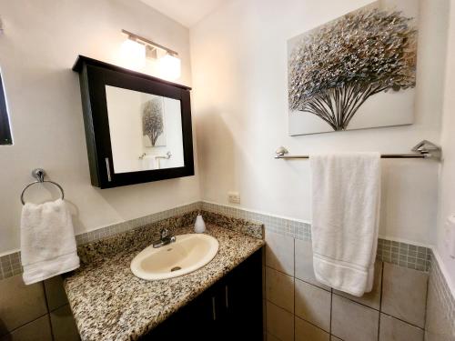 a bathroom with a sink and a mirror at Amazing Oceanview rooftop terrace walk to beach in Coco