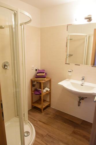 een badkamer met een wastafel en een douche bij Haus Fulterer in Siusi