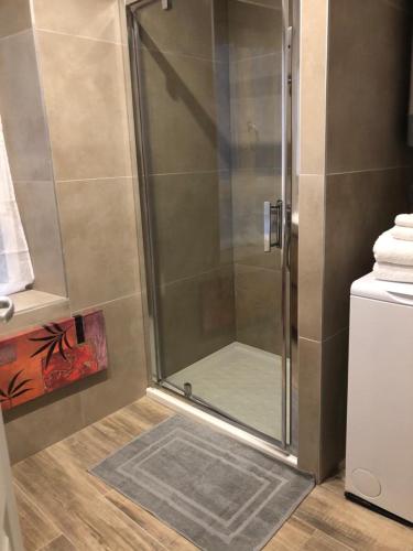 eine Dusche mit Glastür im Badezimmer in der Unterkunft Alsacian Home - Old Town Cosy Apartments in Colmar