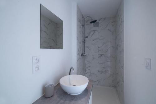 a white bathroom with a sink and a shower at Le Scandinave - Tarbes centre in Tarbes