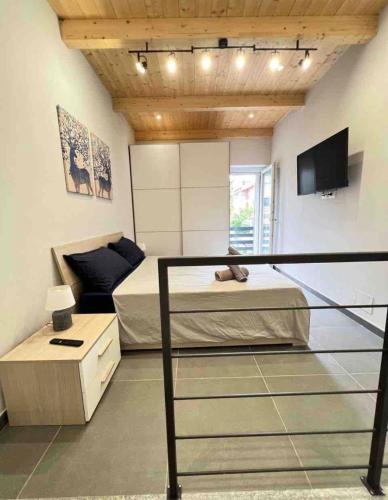 sypialnia z łóżkiem i telewizorem w obiekcie Pregevole Duplex a 1 minuto dalla metro w mieście Collegno