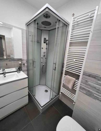 W łazience znajduje się prysznic, toaleta i umywalka. w obiekcie Pregevole Duplex a 1 minuto dalla metro w mieście Collegno