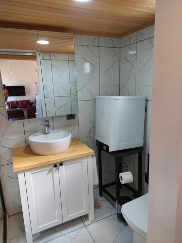 W łazience znajduje się umywalka, toaleta i lustro. w obiekcie Defneland Daphne w mieście Ildır