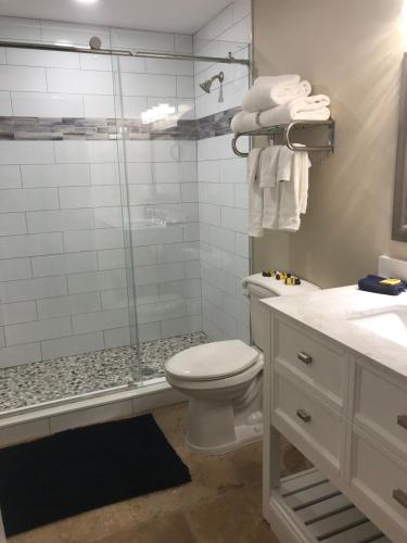 a bathroom with a shower and a toilet and a sink at Bleu Beach Resort in Indialantic