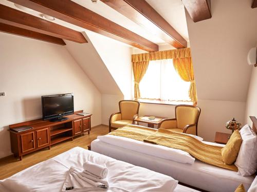 a hotel room with two beds and a tv at Hradná stráž Hotel&Apartments s privátnym wellness in Topoľčianky