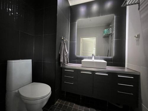 uma casa de banho com um WC, um lavatório e um espelho. em Ski Villa Serena em Pyhäjoki