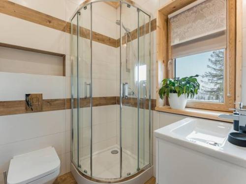 La salle de bains est pourvue d'une douche, de toilettes et d'un lavabo. dans l'établissement Zymbiańsko Chałupa z balią na wyłączność, à Ząb