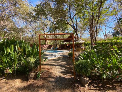 a garden with a pergola and a swimming pool at CASA NATURaL in Brasilito