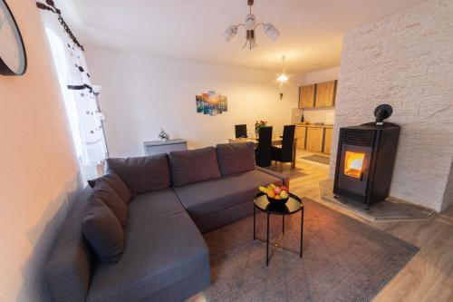 a living room with a couch and a fireplace at Apartman Mihelčić in Delnice