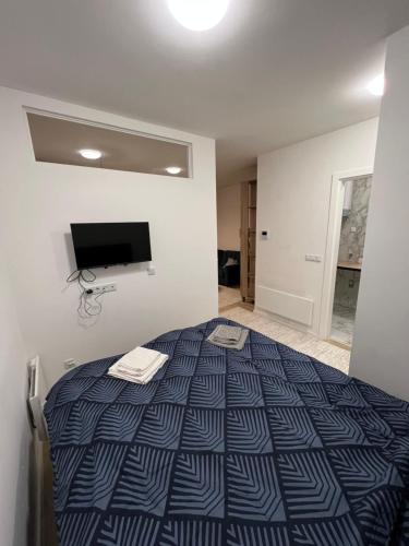 een slaapkamer met een blauw en wit bed en een televisie bij Apartment Bjelasnica Mara in Bjelašnica
