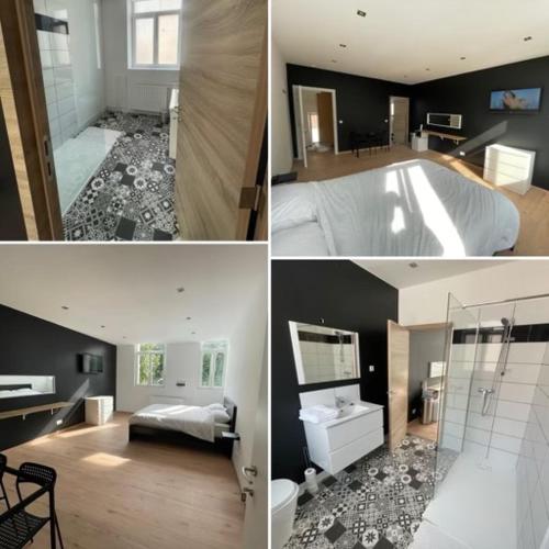 eine Collage mit drei Bildern eines Schlafzimmers und eines Badezimmers in der Unterkunft Room of Tournai 3 in Tournai