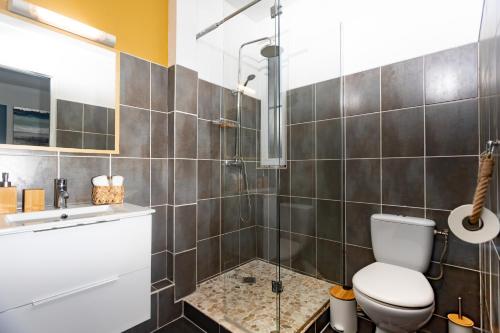 a bathroom with a shower and a toilet and a sink at Le petit marin des salines à 0 metre de la plage in Montjoly