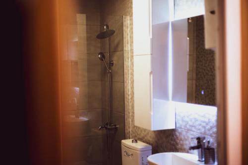 a bathroom with a shower with a toilet and a sink at Hotel Premium in Pristina