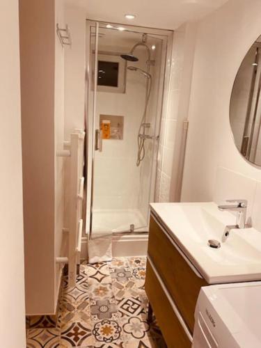 une salle de bain avec douche et lavabo dans l'établissement Appartement Léonard, comme à la maison - Vieux Lille, à Lille