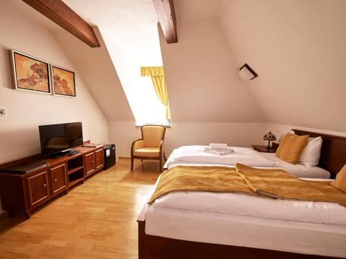 a bedroom with a bed and a television in it at Hradná stráž Hotel&Apartments s privátnym wellness in Topoľčianky