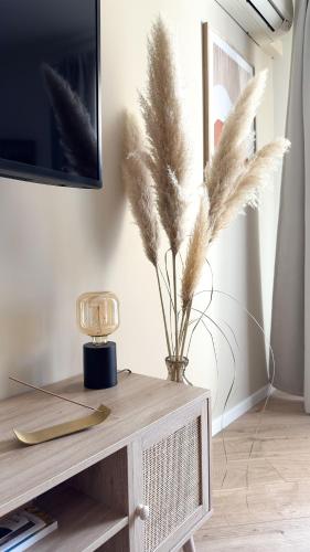 a table with a vase with feathers on it at Terracotta by les Appartements Mistretta in Sainte-Maxime