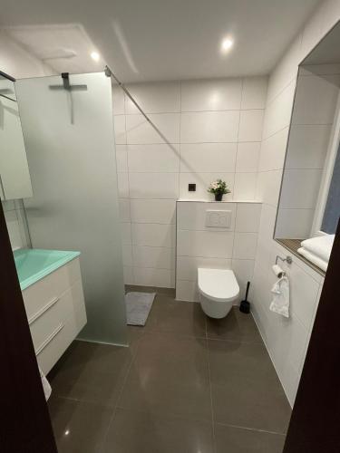 uma casa de banho branca com um WC e um lavatório em Auf der Alm 21 N.4 em Baden-Baden