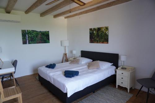 a bedroom with a large white bed and a desk at Farmhouse Cubani in Bale