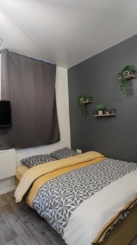 een slaapkamer met een bed en een grijze muur bij Studio confortable au cœur de Rouen in Rouen