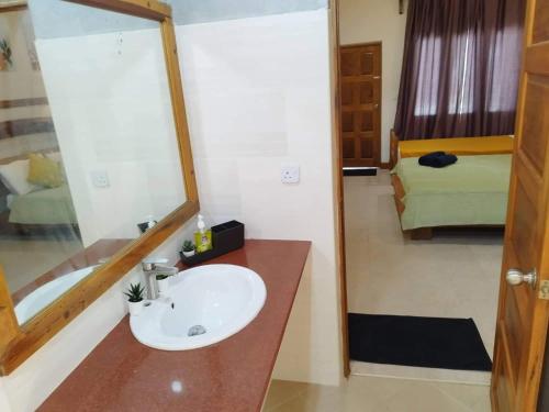 baño con lavabo, espejo y cama en Reethi Villa Vaavu Thinadhoo, en Thinadhoo