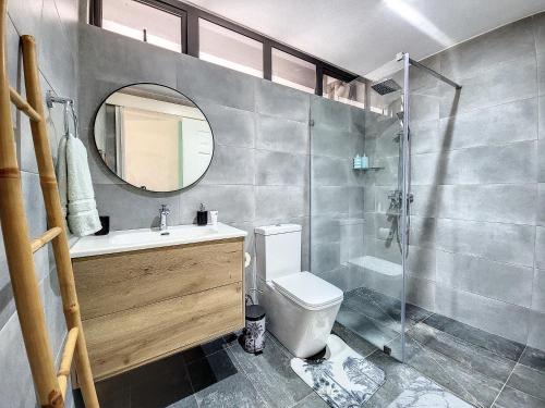 La salle de bains est pourvue de toilettes, d'un lavabo et d'un miroir. dans l'établissement Sunkissed - Brand New Beach apartment located 50m from beach, à Flic-en-Flac