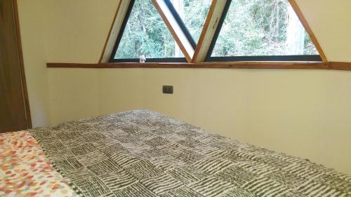 a bedroom with a bed in front of a window at Domo del bosque in Dalcahue