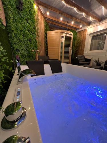Cette chambre dispose d'une table avec de l'eau bleue. dans l'établissement SPA de charme 6 pers avec Jacuzzi & Sauna privatifs au coeur de ville - Esprit Coco, à Mulhouse
