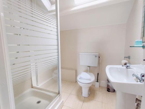 a bathroom with a toilet and a sink and a shower at Wentworth House - Free Parking in Bath