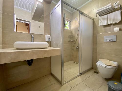 uma casa de banho com um chuveiro, um lavatório e um WC. em Ten Apart Hotel em Fethiye