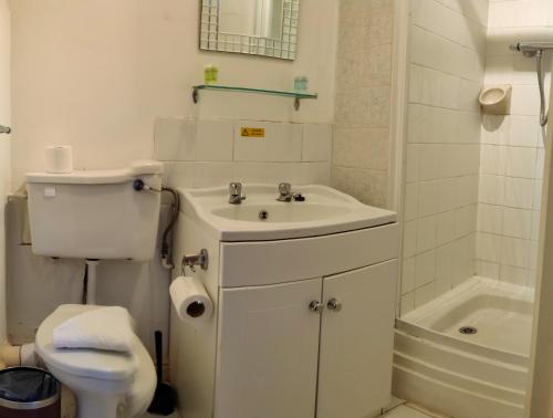 a white bathroom with a toilet and a sink at Wentworth House - Free Parking in Bath