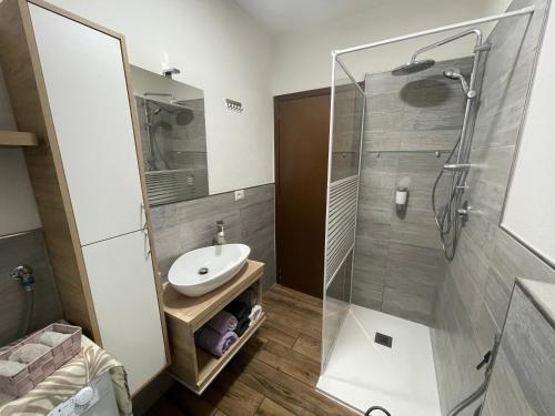 a bathroom with a sink and a glass shower at Lake Apartment Ischia Green in Tenna 