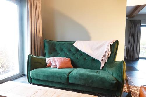 a green couch with two pillows on it in a living room at Gîte XXV House - 4 personnes in Héron