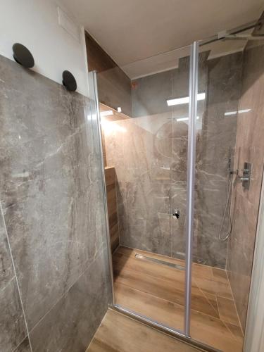 a shower with a glass door in a bathroom at CA' SEBASTIANO in Venice