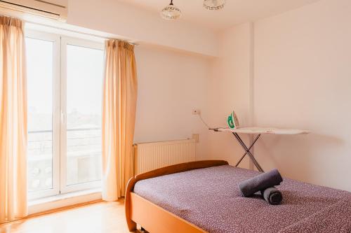 a bedroom with a bed and a large window at Piața Victoriei Apartment in Bucharest